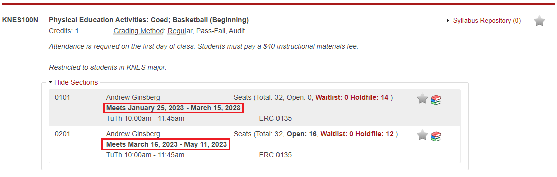 schedule of classes screenshot with non-standard meeting time highlighted