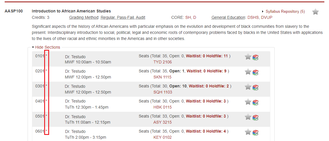 schedule of classes screenshot AASP100